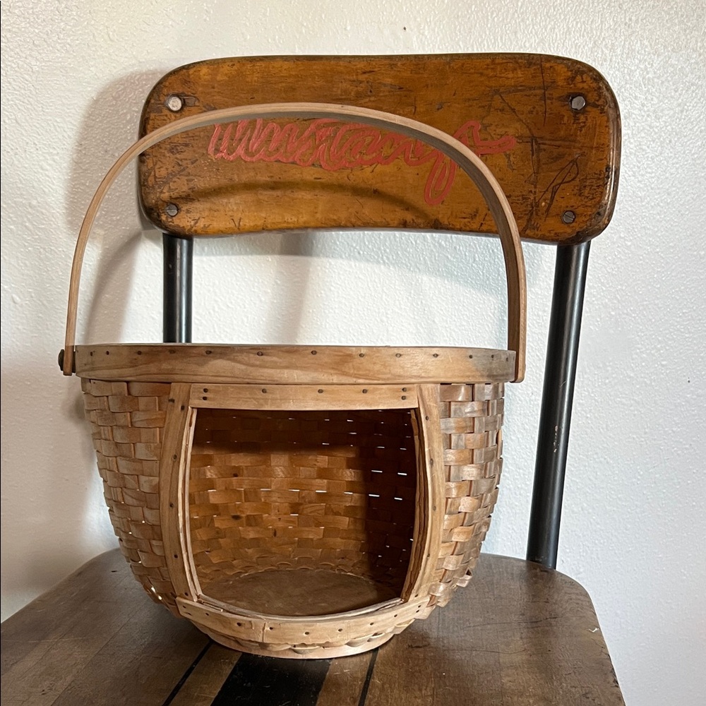 Handmade basket with front cutout for onions or potatoes and handle